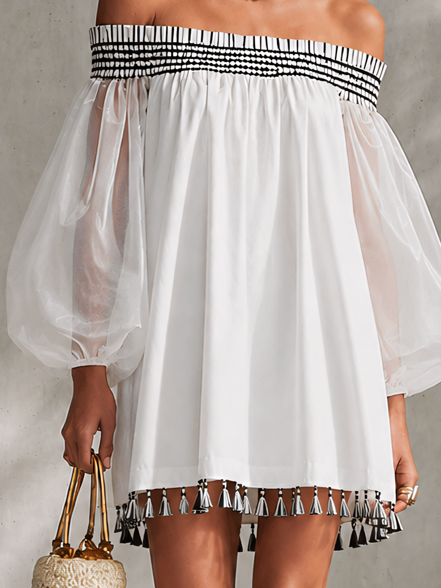White Off Shoulder Organza Tassel Mini Dress