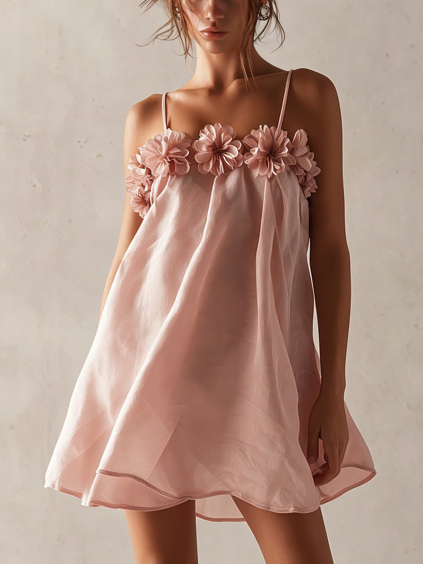 Pink Organza  Mini Dress With 3D Floral
