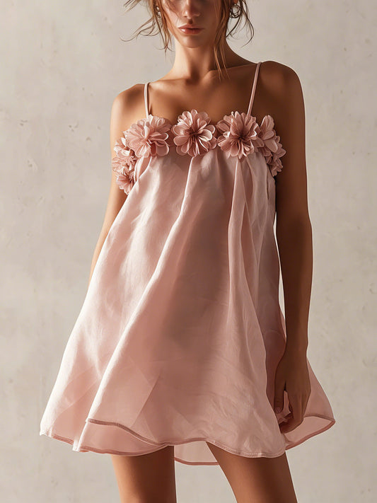 Pink Organza  Mini Dress With 3D Floral