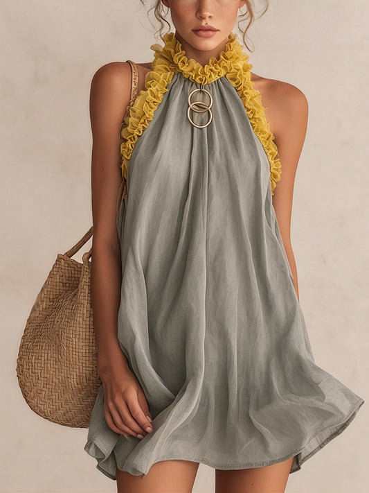 Gray Linen Mini Dress With Yellow Ruffle Trim