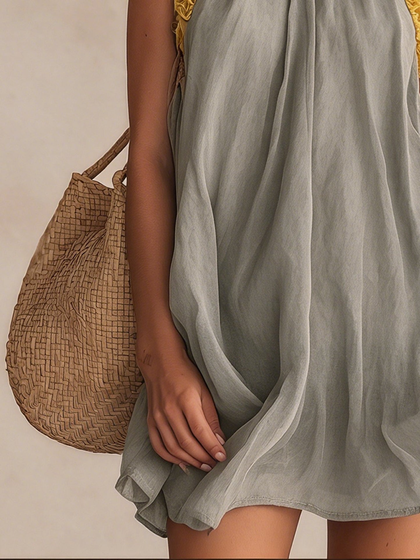 Gray Linen Mini Dress With Yellow Ruffle Trim