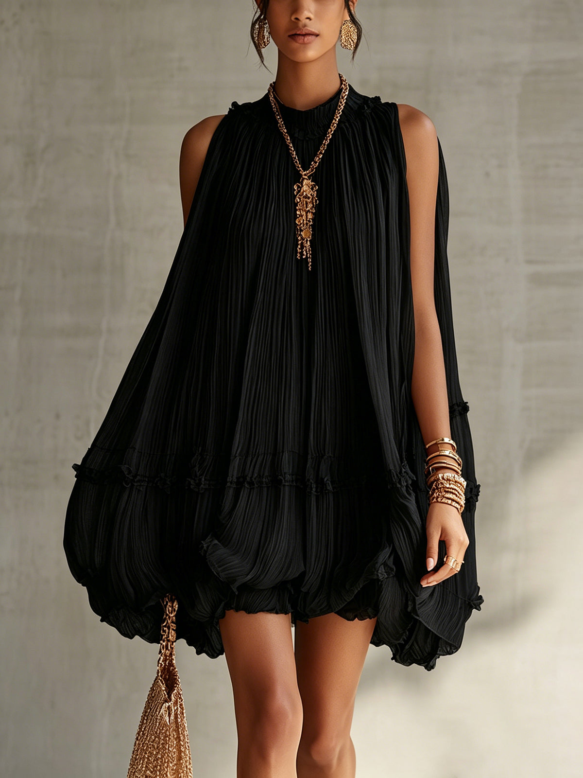 Pink Pleated Chiffon Mini Dress With Ruffled Hem