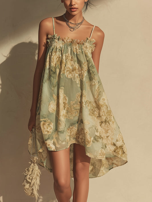 Green Floral Chiffon Mini Dress