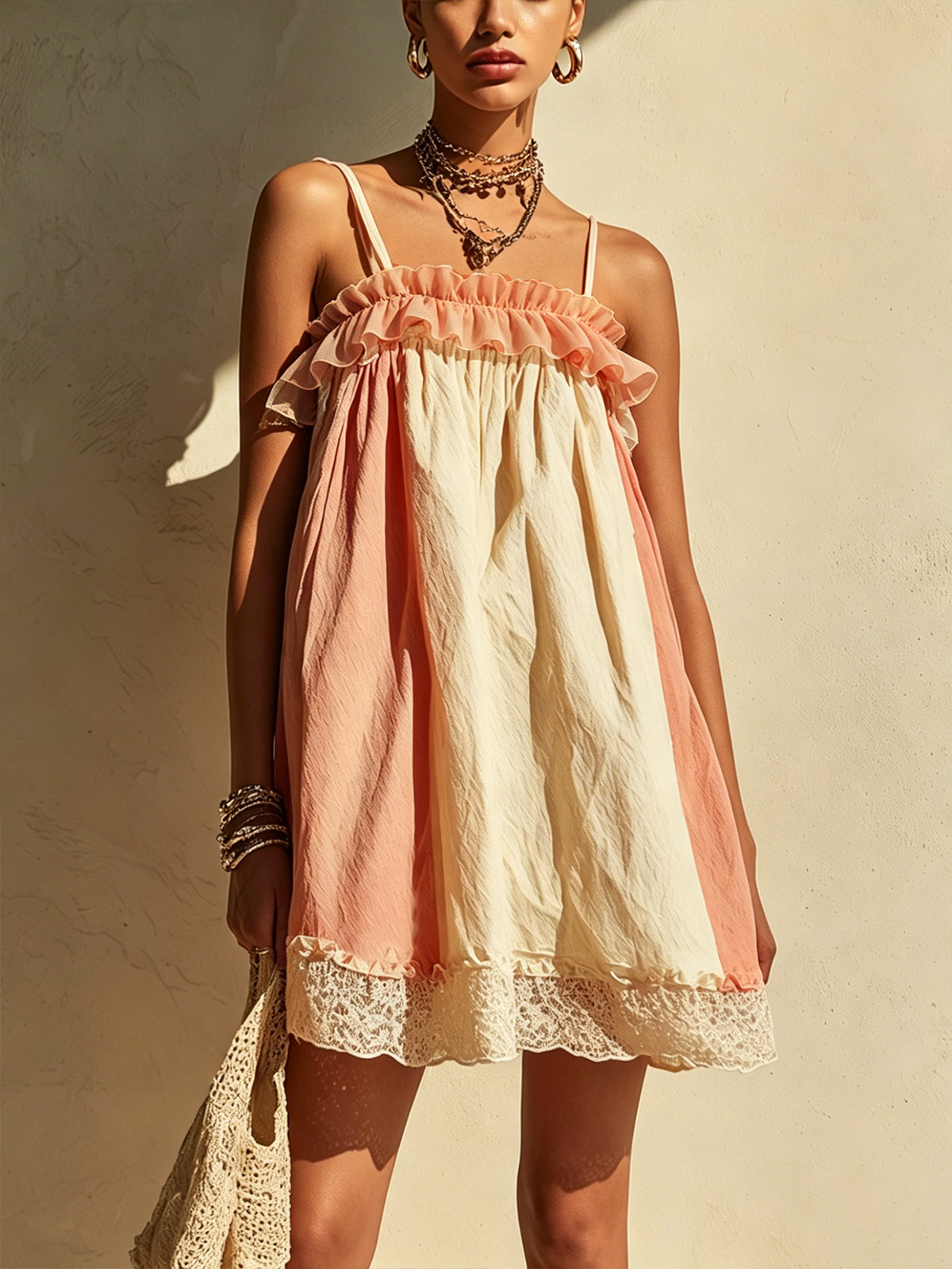 Pink And Cream Ruffled Mini Dress With Lace Hem