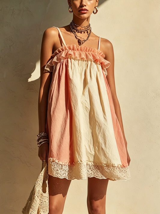 Pink And Cream Ruffled Mini Dress With Lace Hem