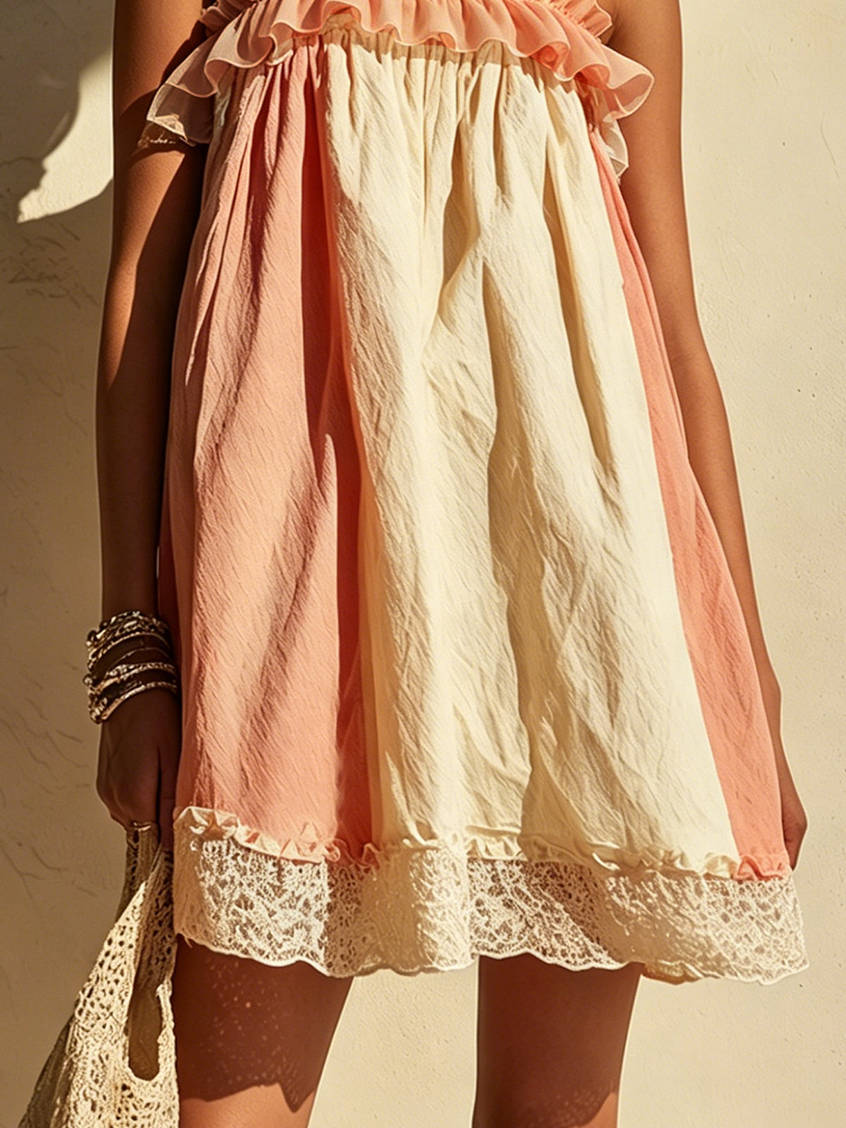 Pink And Cream Ruffled Mini Dress With Lace Hem