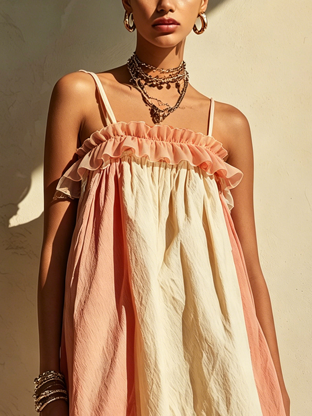 Pink And Cream Ruffled Mini Dress With Lace Hem