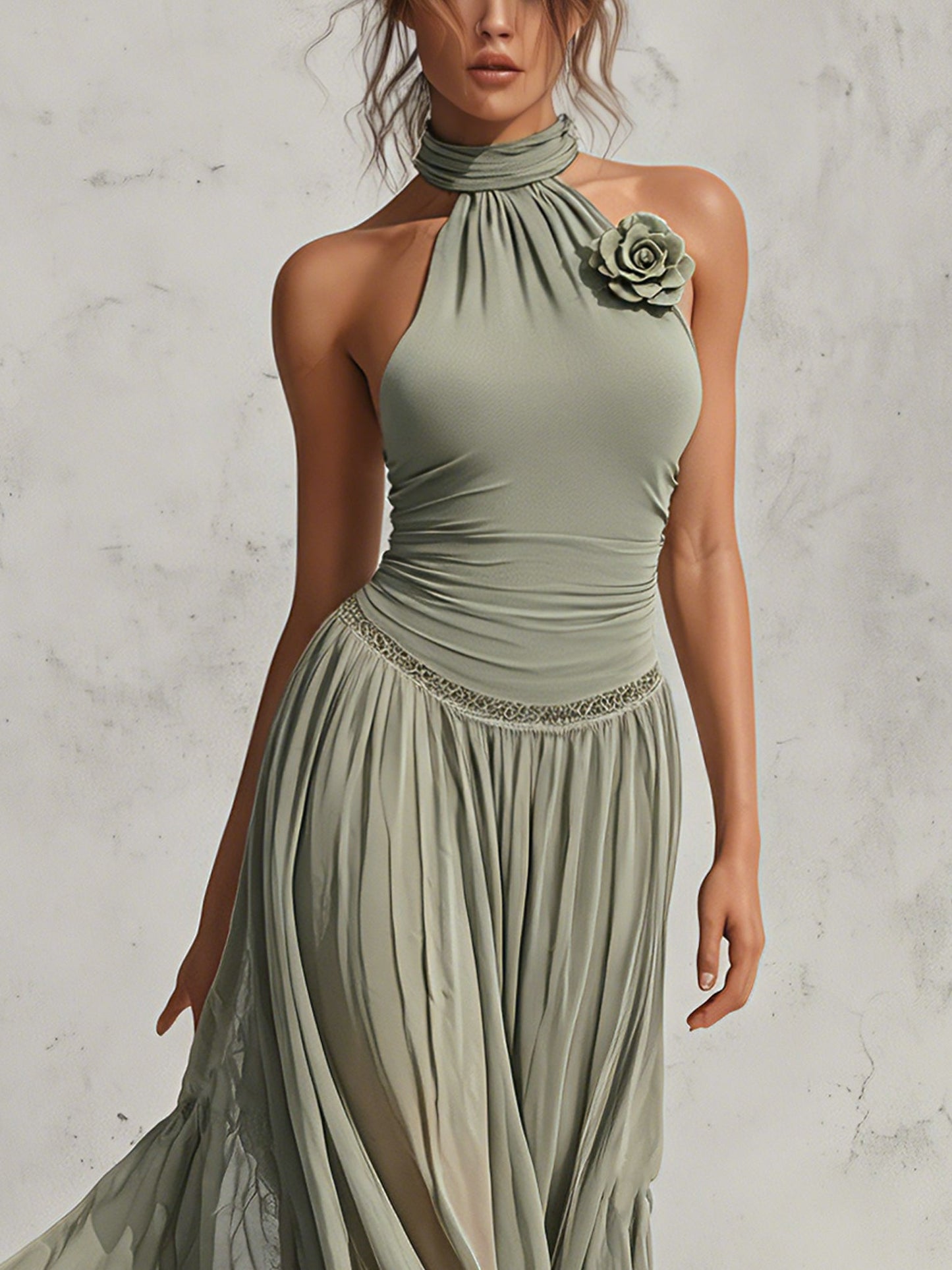 Sage Green Chiffon Halter Maxi Dress
