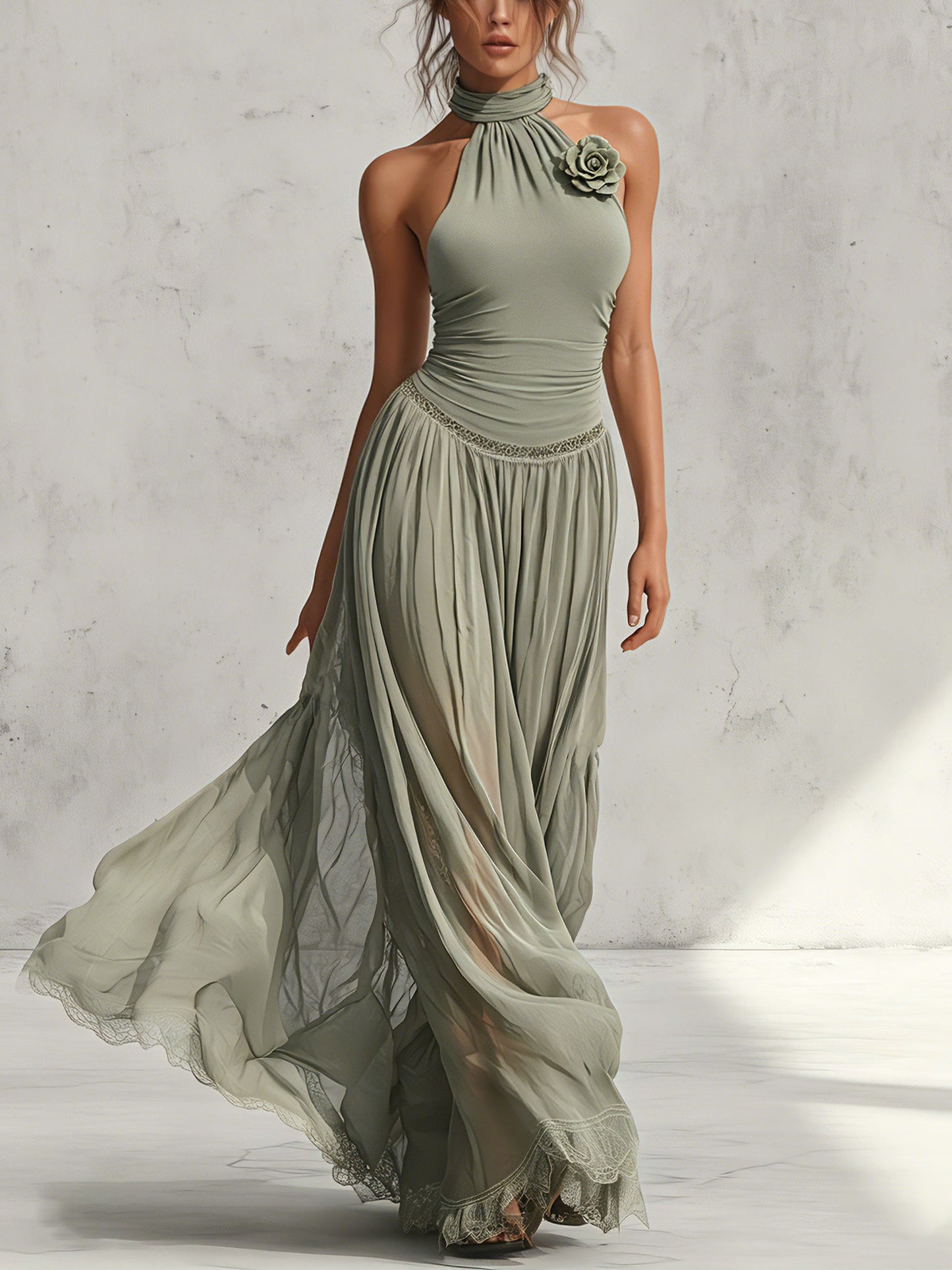 Sage Green Chiffon Halter Maxi Dress