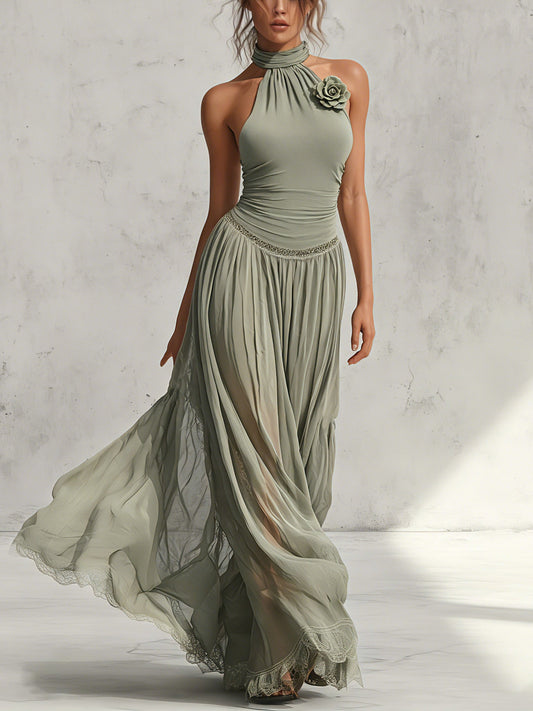 Sage Green Chiffon Halter Maxi Dress