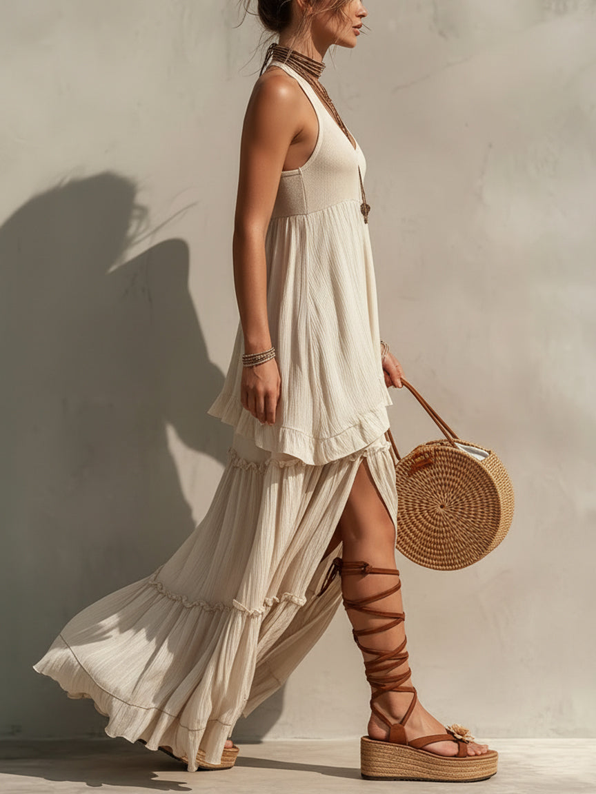 Beige Pleated Chiffon Sleeveless Slit Maxi Dress