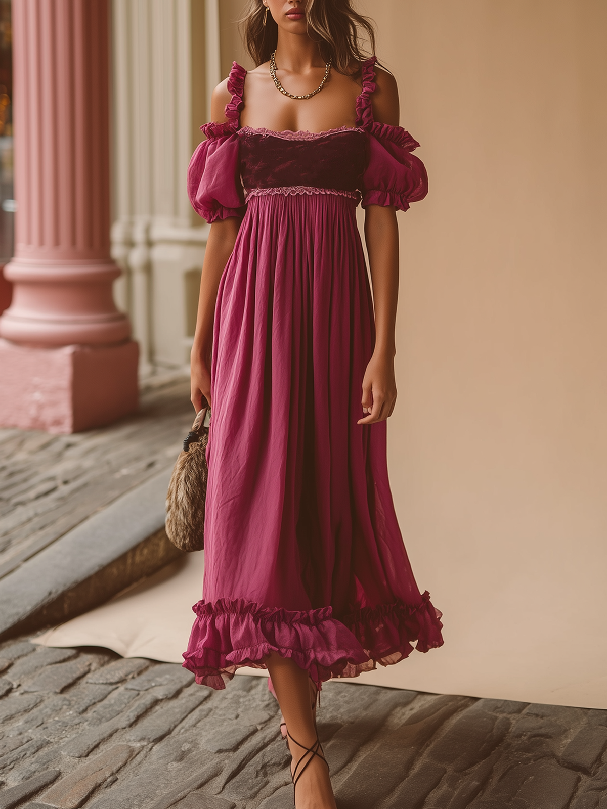 Ruffled Hem Puff Sleeve Magenta Dress