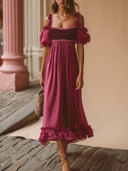 Ruffled Hem Puff Sleeve Magenta Dress