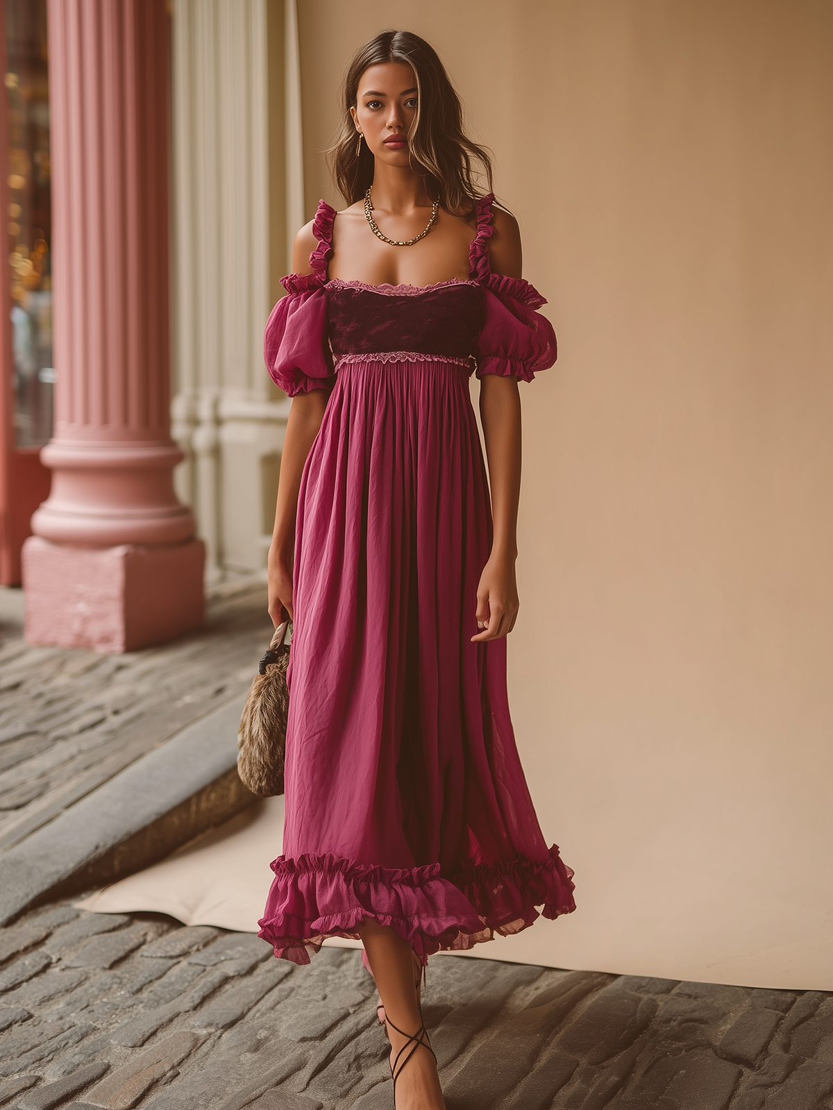 Ruffled Hem Puff Sleeve Magenta Dress