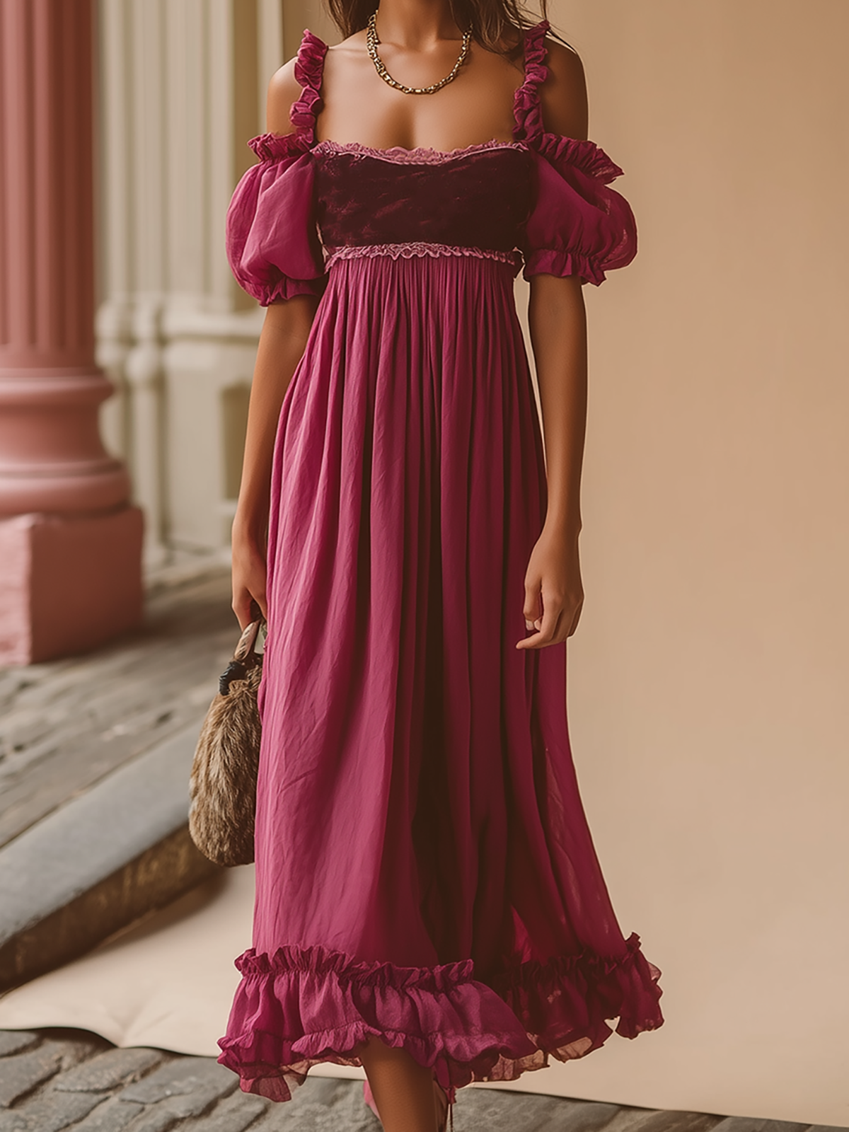 Ruffled Hem Puff Sleeve Magenta Dress