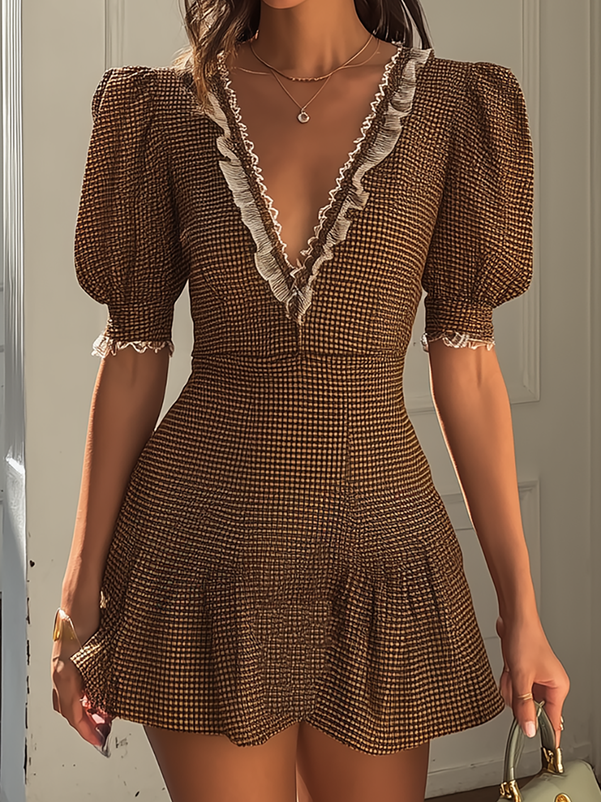 White Lace Trim V Neck Gingham Mini Dress
