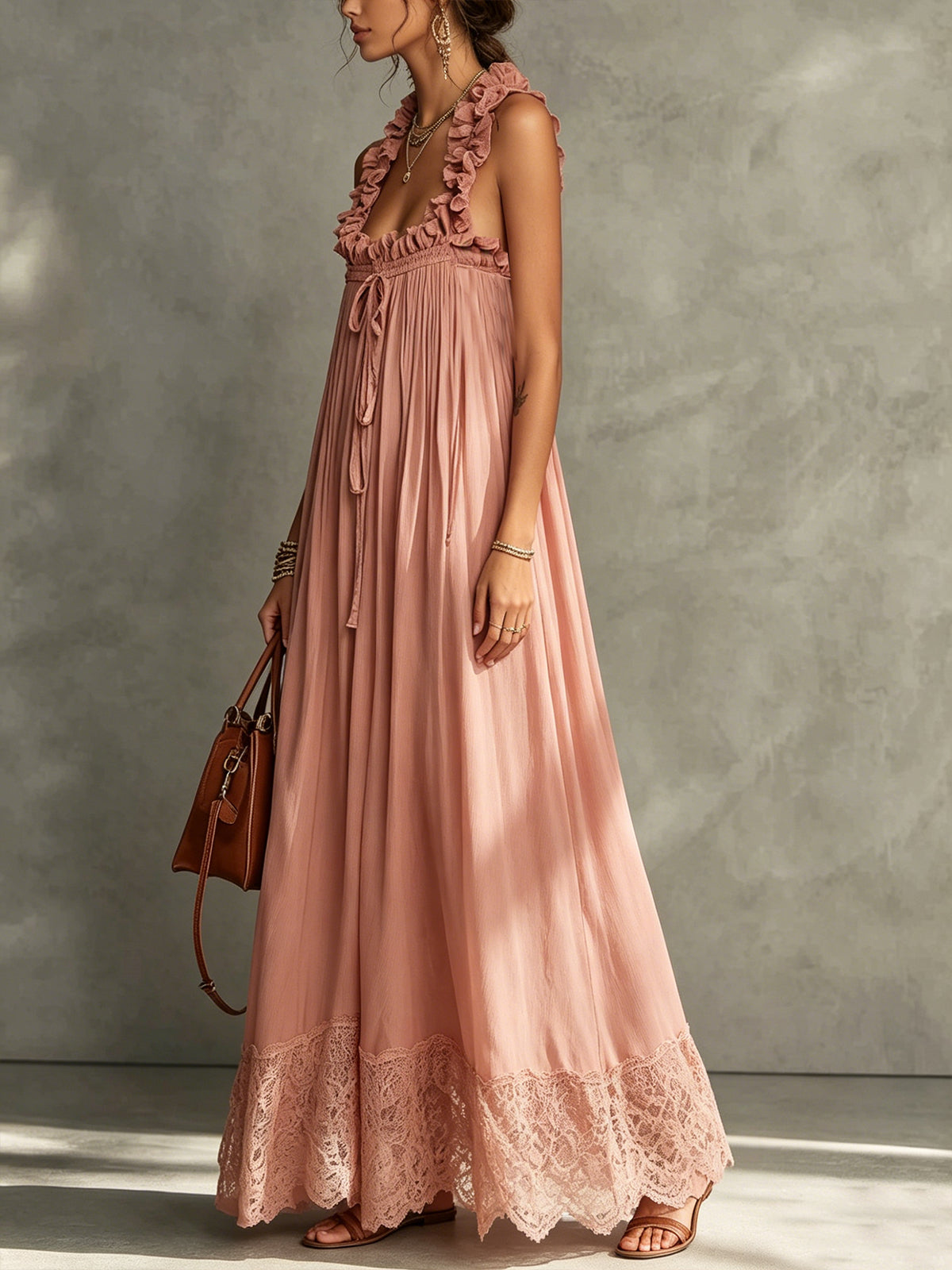 Pink Ruffle Trim Lace Hem Maxi Dress