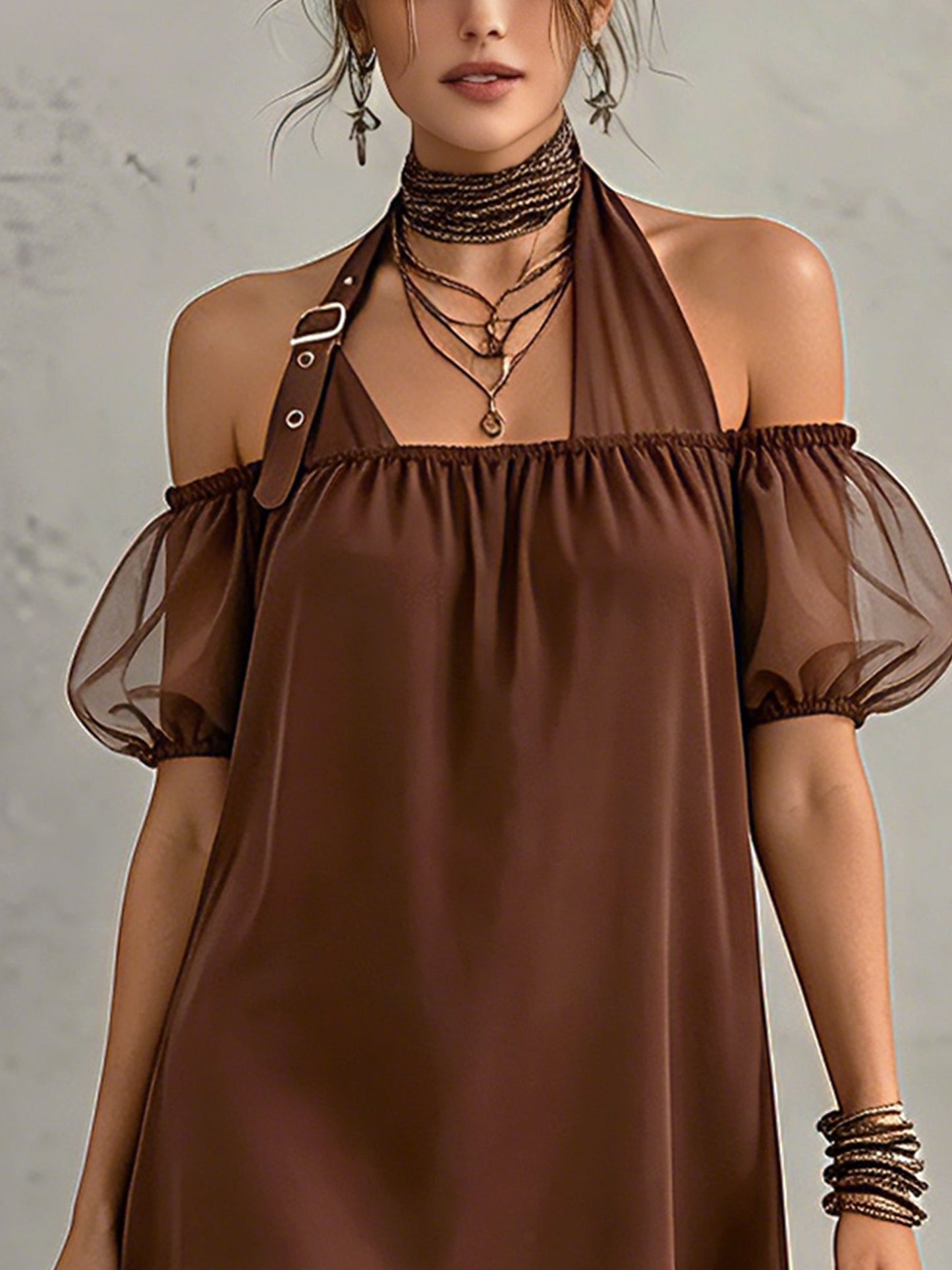 Chocolate Adjustable Strap Chiffon Mini Dress