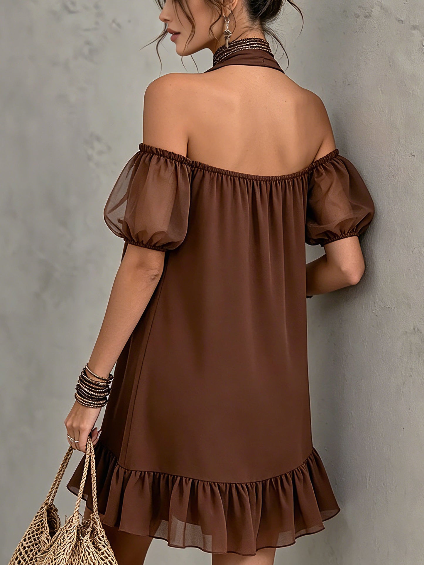 Chocolate Adjustable Strap Chiffon Mini Dress