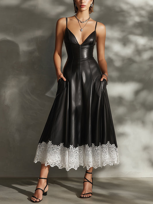 Black Faux Leather Lace-Trim Midi Dress