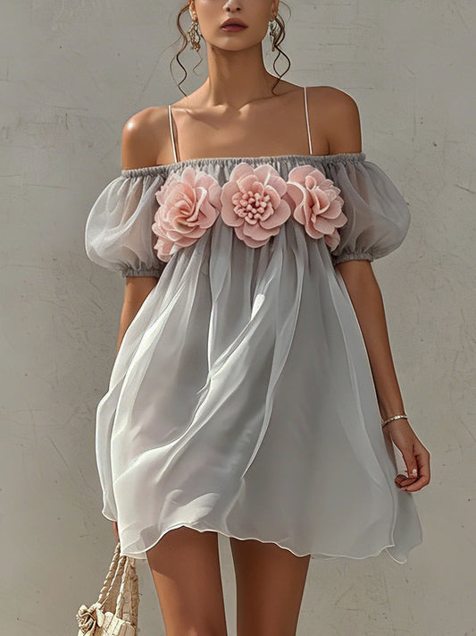 Light Gray Organza Pink 3D Floral  Mini Dress