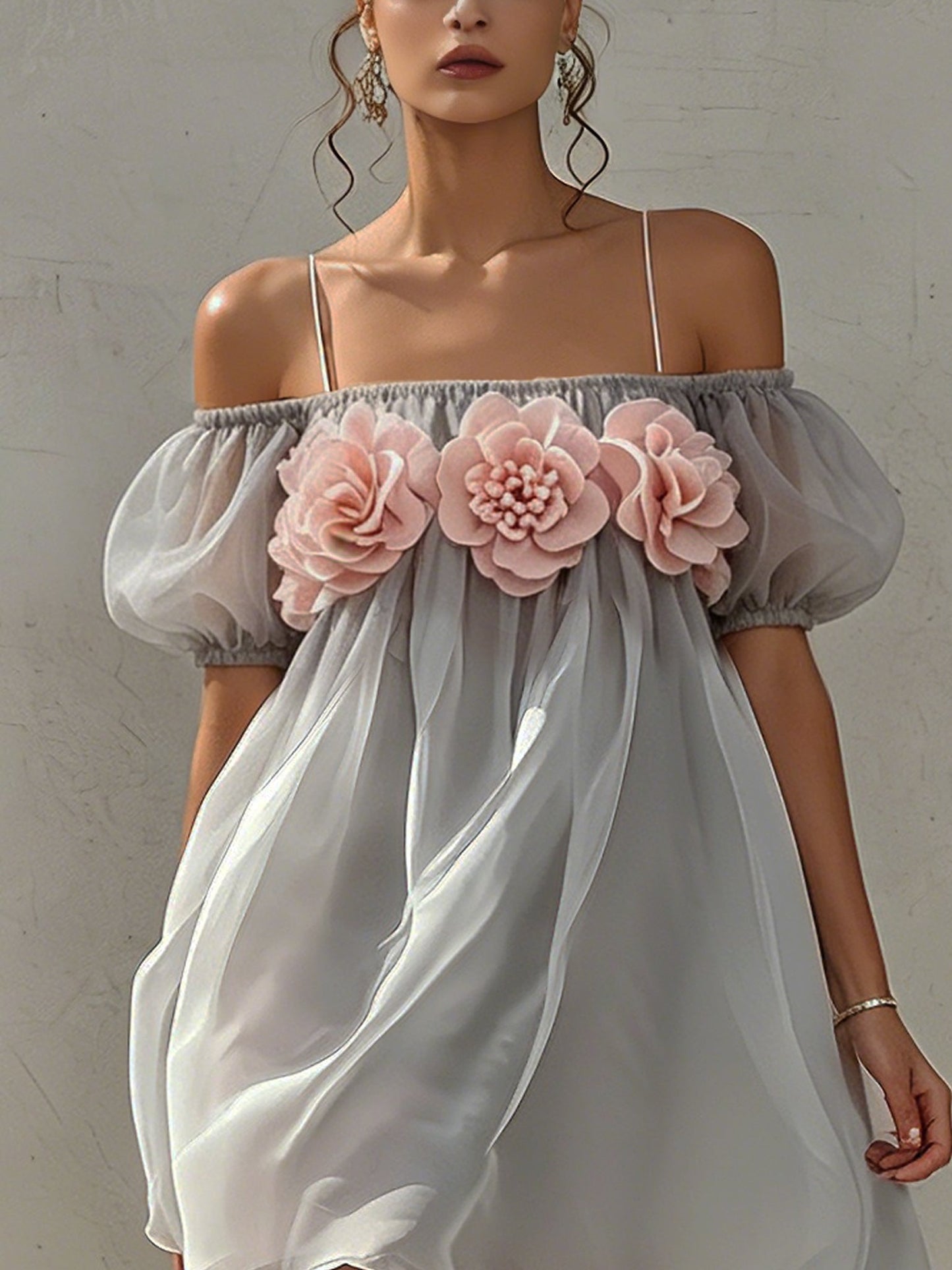 Light Gray Organza Pink 3D Floral  Mini Dress