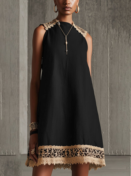 Black A-Line Mini Dress With Gold Crochet Trim