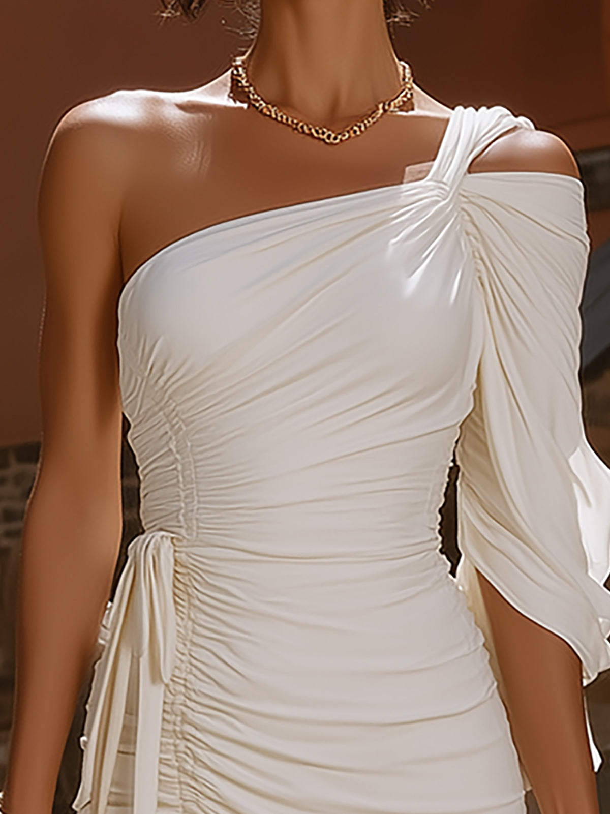 White One Shoulder Ruched Mini Dress