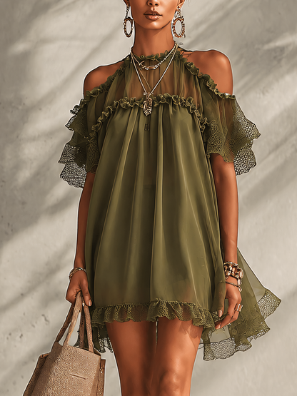 Olive Green Cold Shoulder Ruffle Chiffon Patchwork Mini Dress