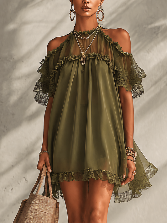 Olive Green Cold Shoulder Ruffle Chiffon Patchwork Mini Dress