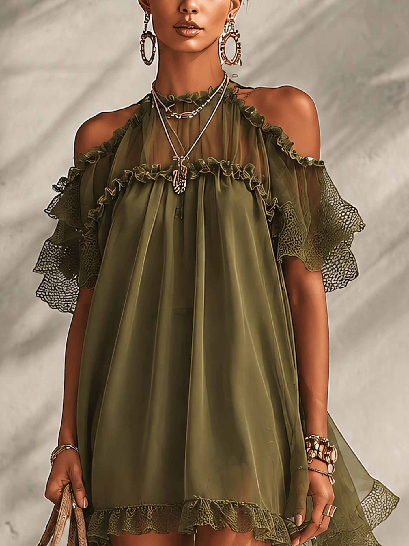 Olive Green Cold Shoulder Ruffle Chiffon Patchwork Mini Dress
