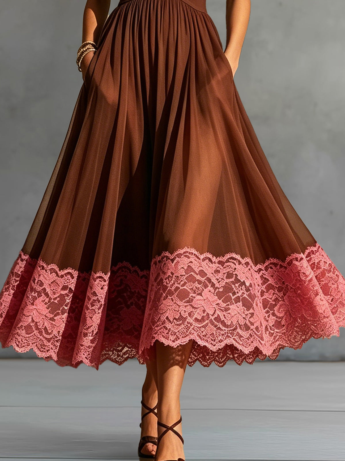 Brown High-Neck Mesh Midi Dress With Pink Lace Hem