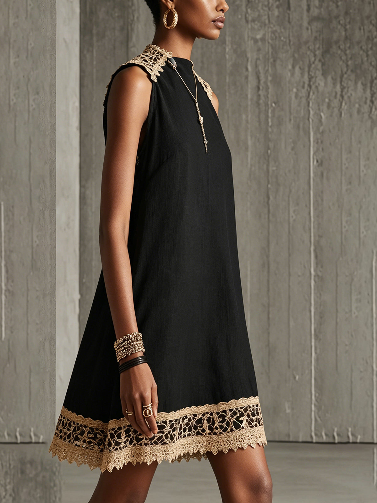 Black A-Line Mini Dress With Gold Crochet Trim
