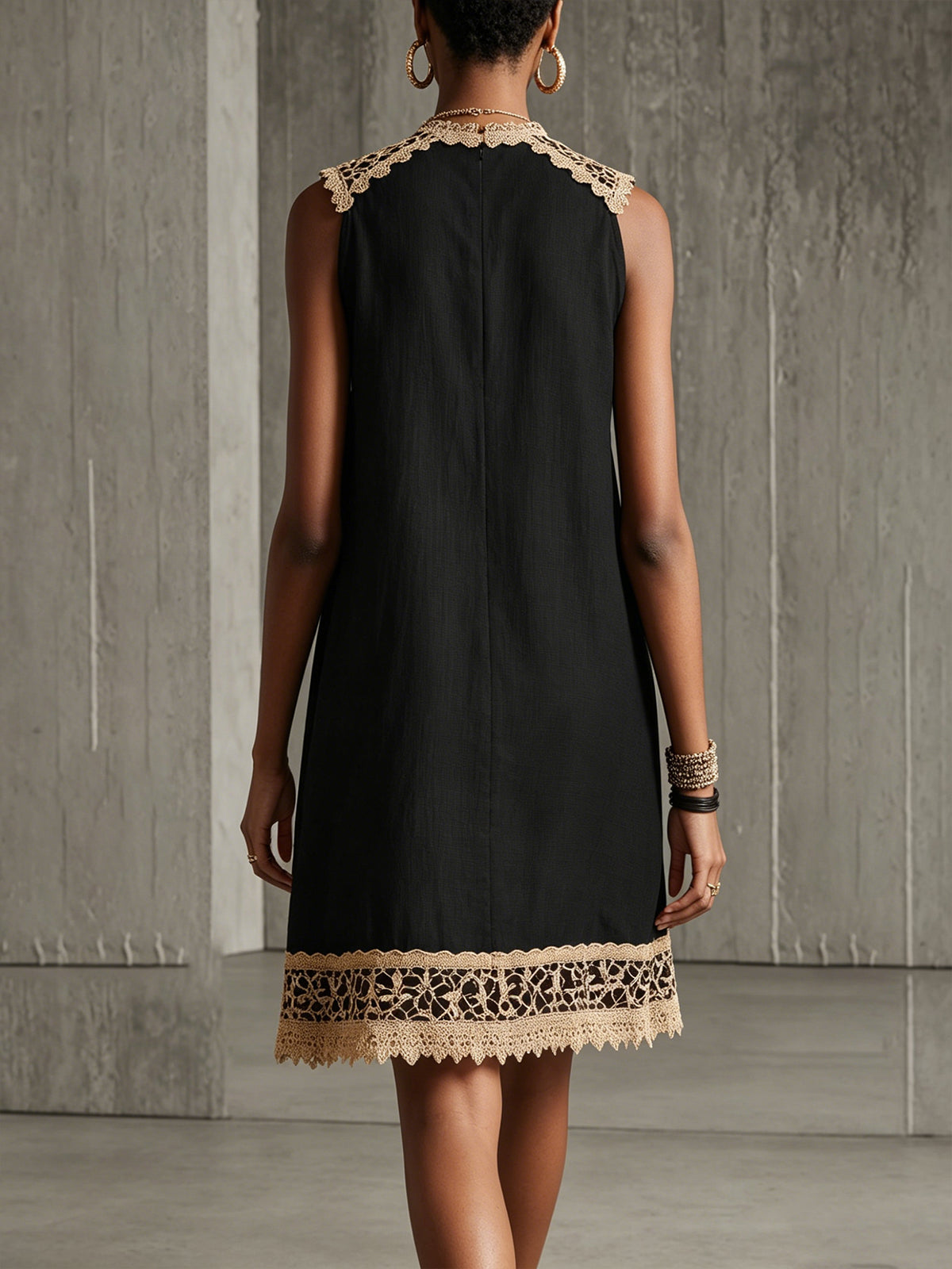 Black A-Line Mini Dress With Gold Crochet Trim