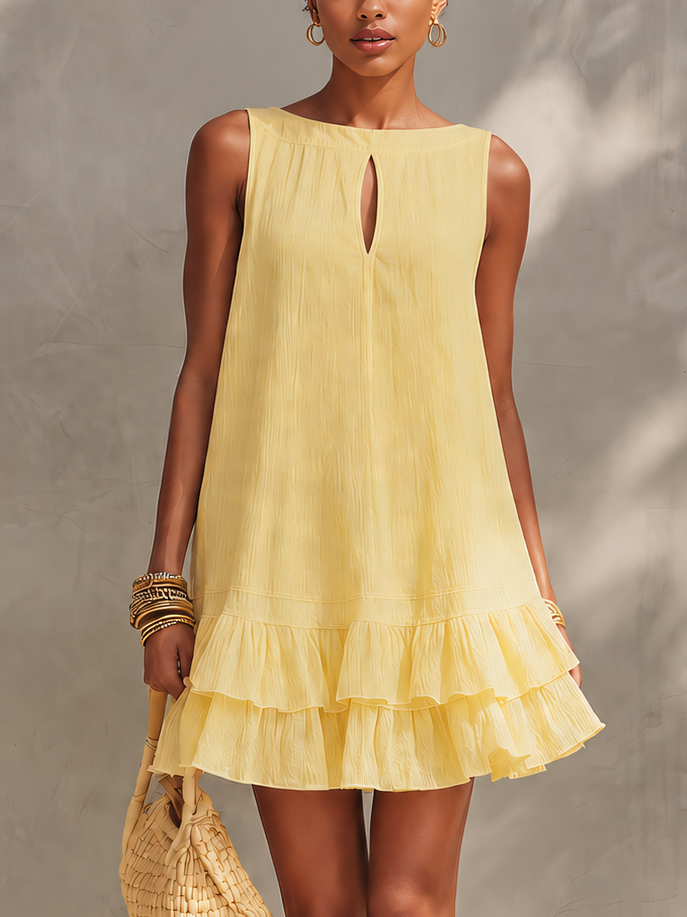 Light Yellow Textured Sleeveless Mini Dress With Ruffle Hem