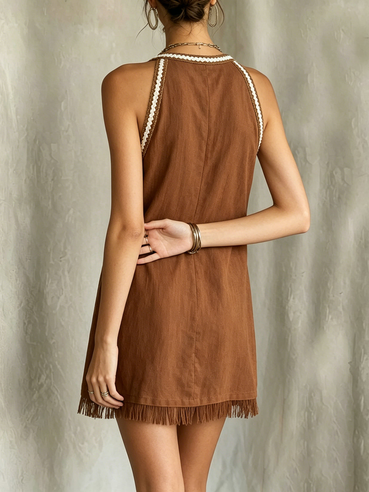 Brown Mini Dress With Crochet Trim And Fringe Hem