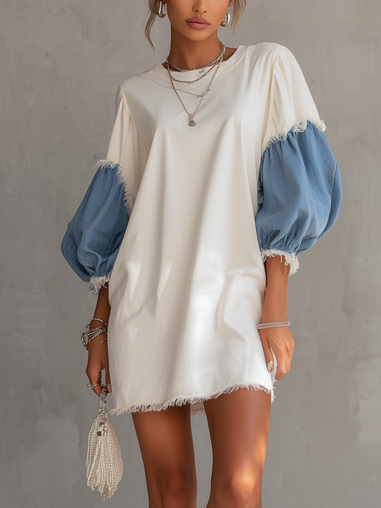 White Contrast Denim Sleeve Frayed Hem Mini Dress