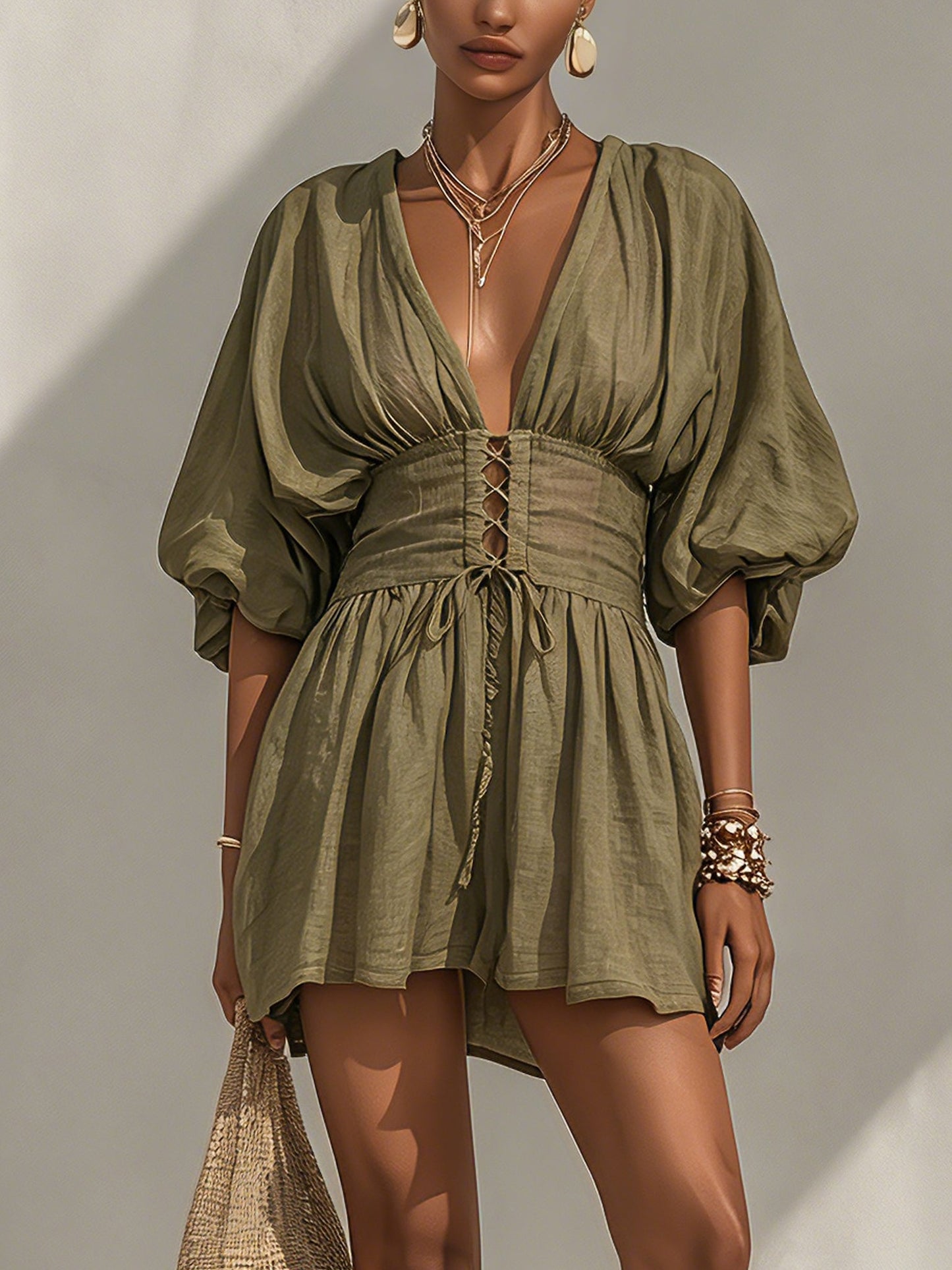 Green Linen Blend Puff Sleeve Mini Dress