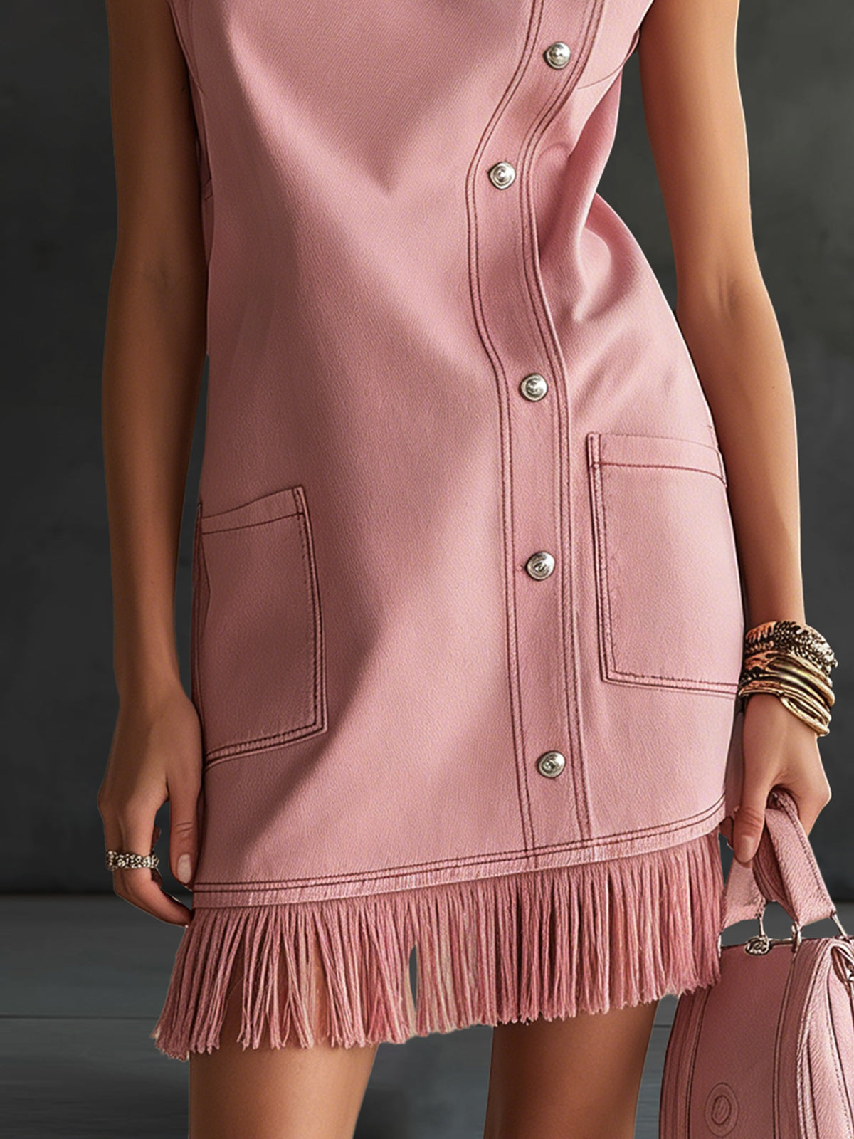 Pink Button-Front Denim Mini Dress With Fringe Hem