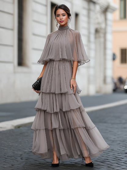 Tiered Pleated Cape Maxi Dress