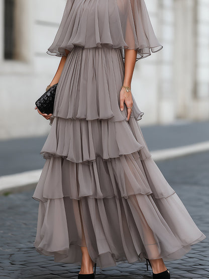 Tiered Pleated Cape Maxi Dress
