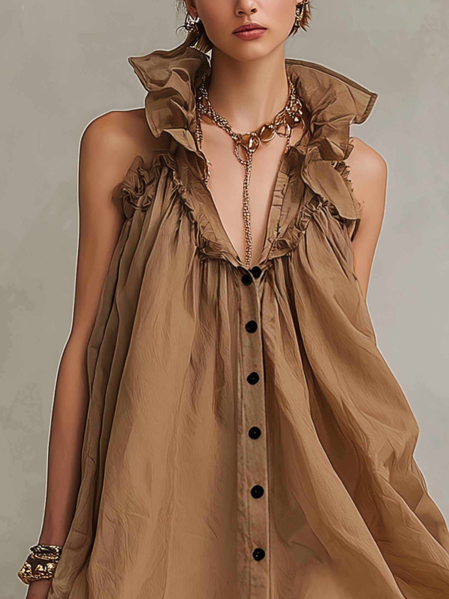 Brown Sheer Linen Blend Sleeveless  Mini Dress