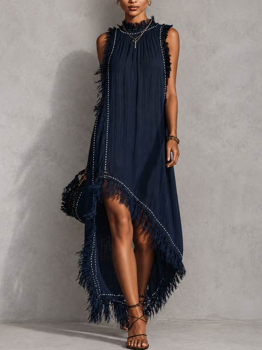 Navy Blue Sleeveless Tassel Trim Maxi Dress With Ribbon Detailing
