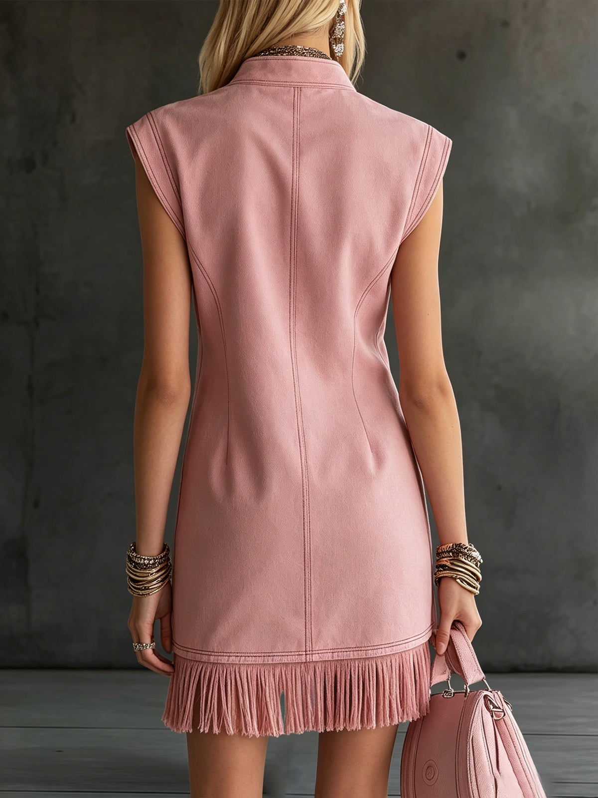 Pink Button-Front Denim Mini Dress With Fringe Hem