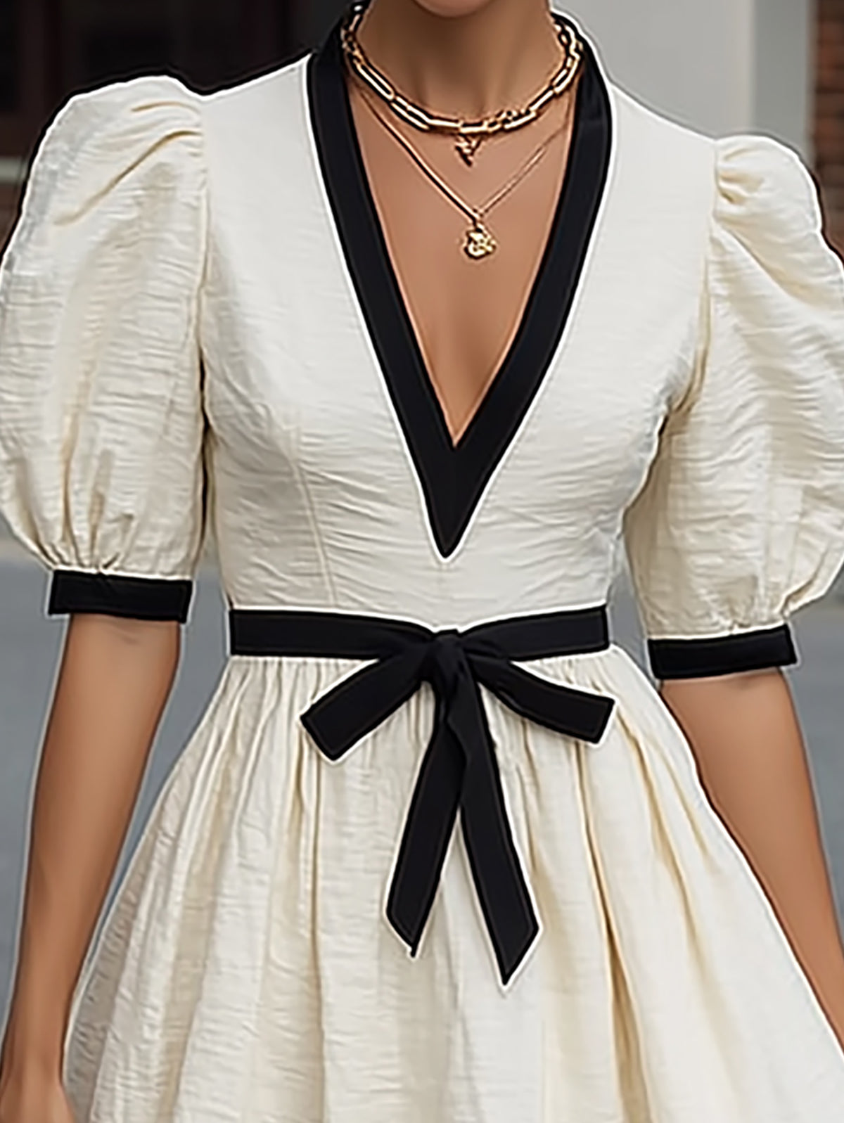 White Linen Blend Black Trim A Line Mini Dress