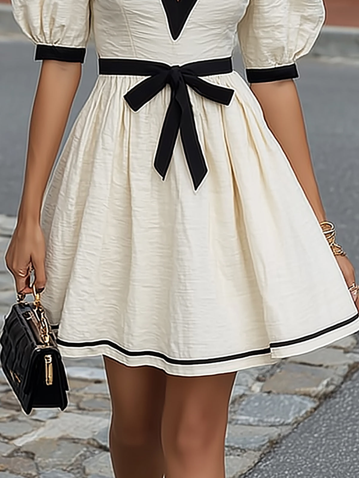 White Linen Blend Black Trim A Line Mini Dress