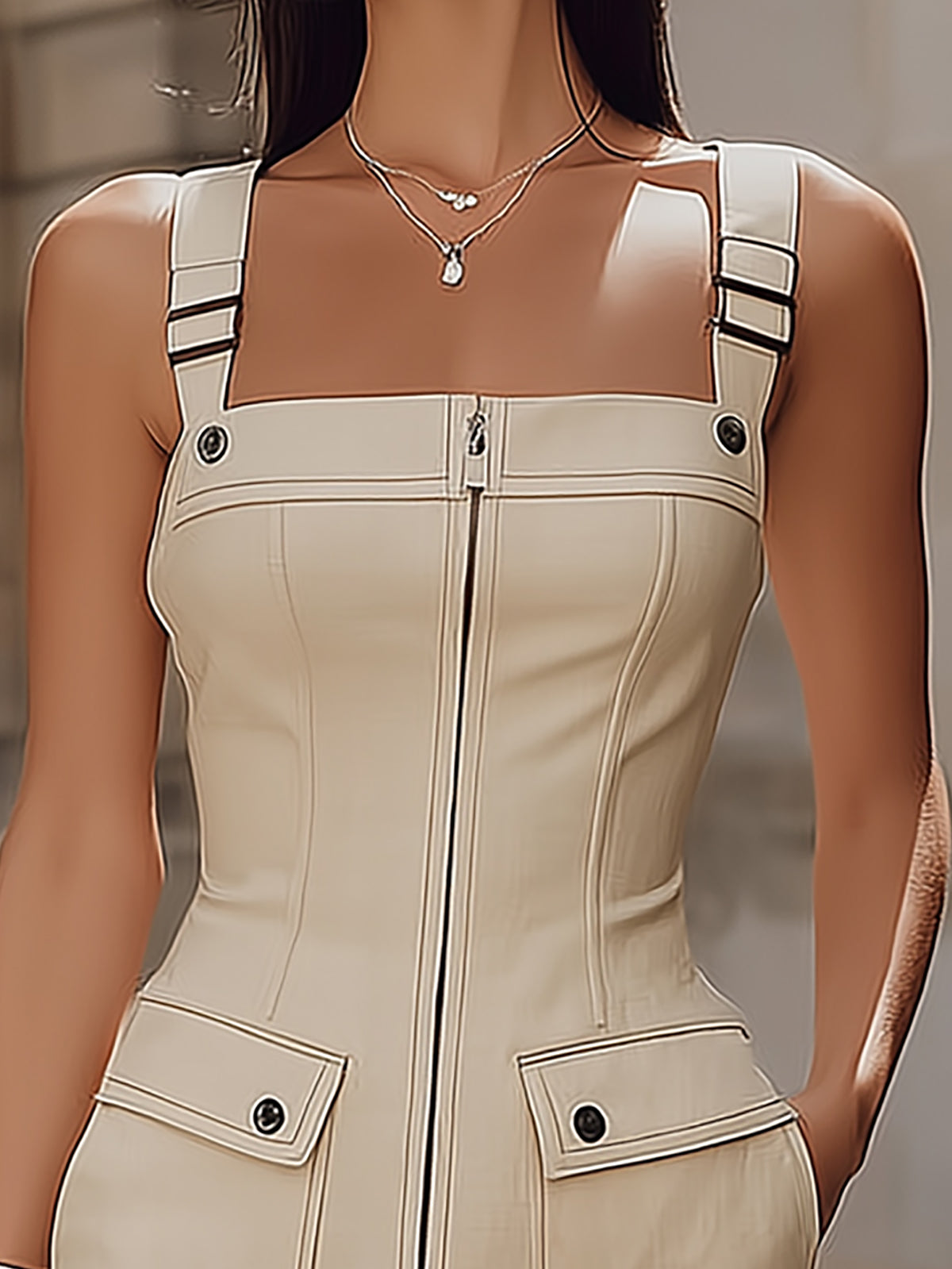 Beige Adjustable Strap Cargo Mini Dress