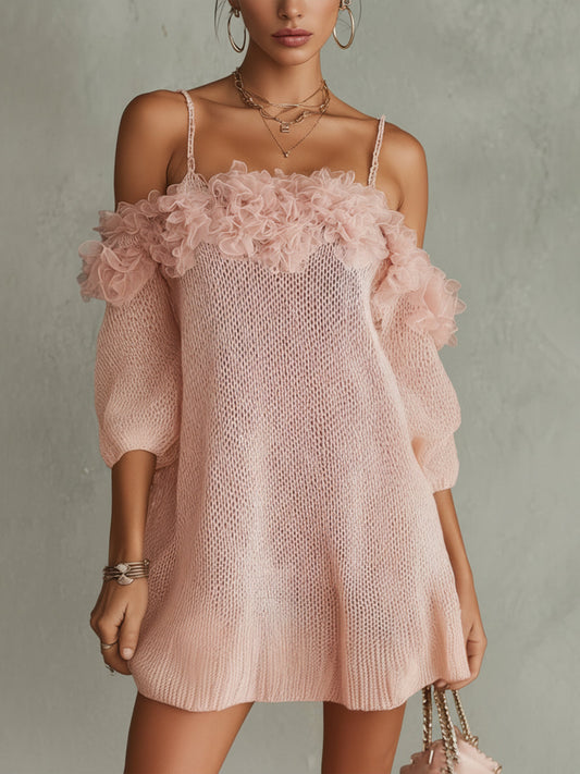 Pink Knit Off-Shoulder Mini Dress with Tulle Ruffle Detail