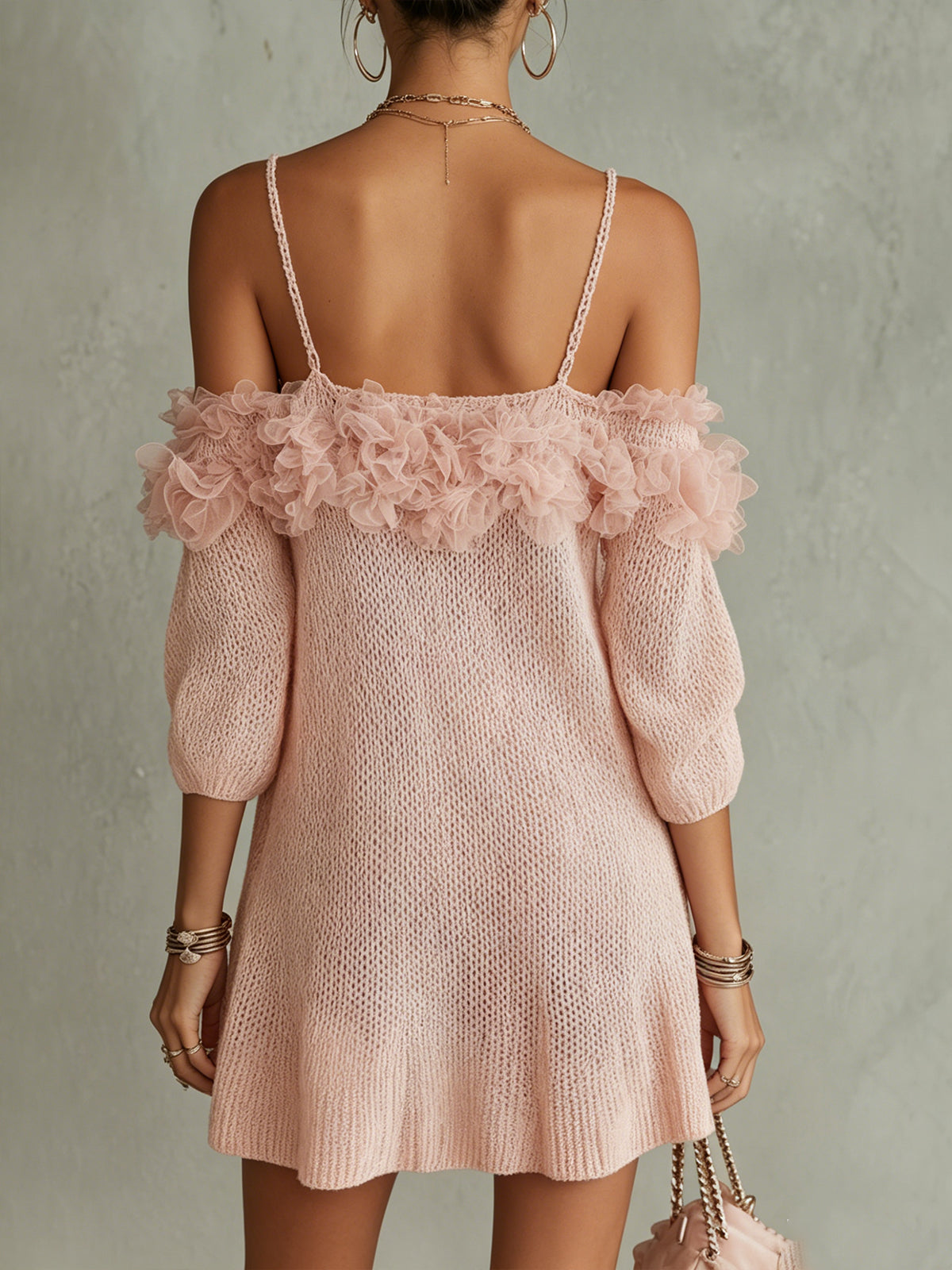 Pink Knit Off-Shoulder Mini Dress with Tulle Ruffle Detail