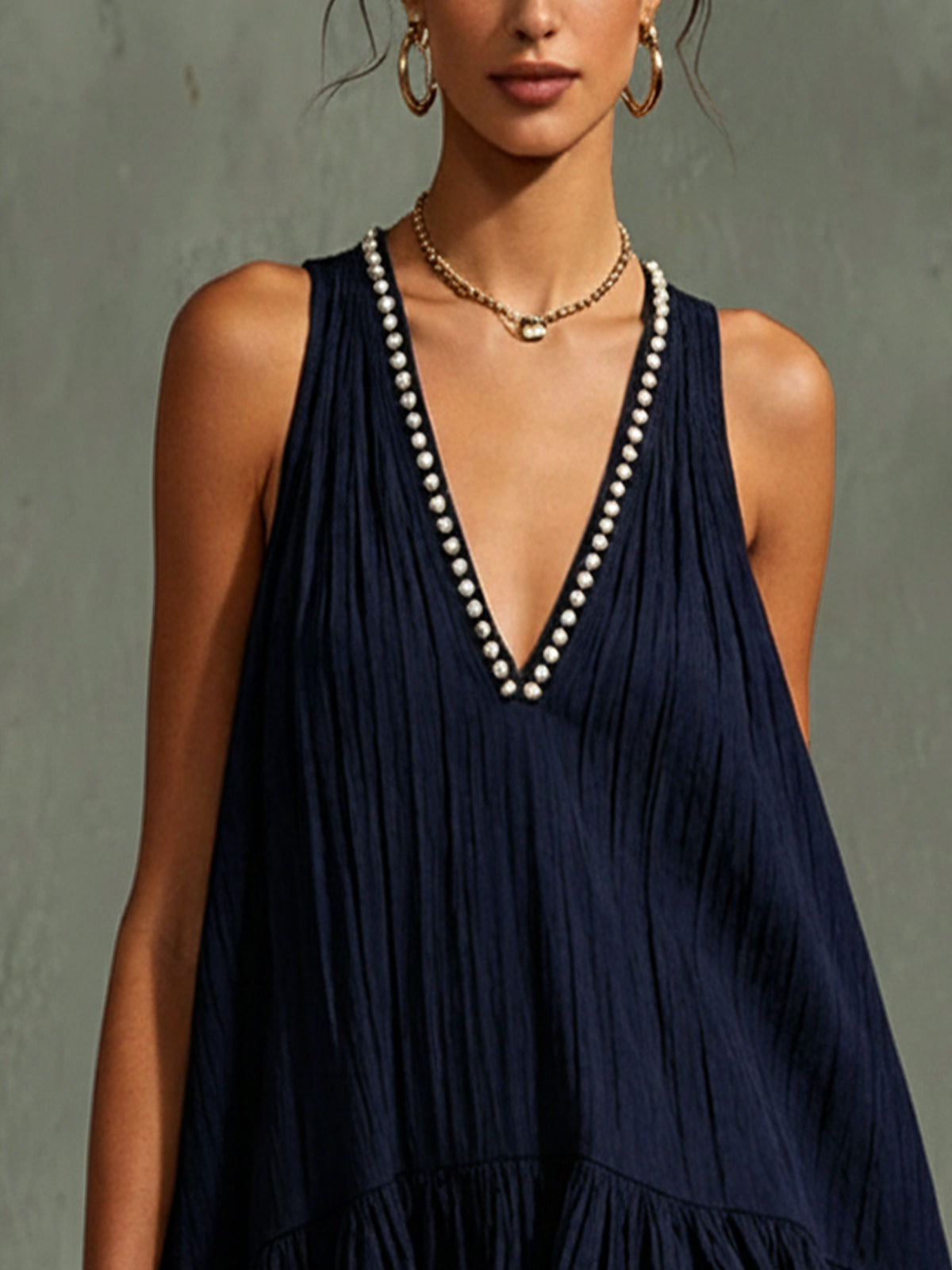 Navy Blue Sleeveless V-Neck Mini Dress With Pearl Trim Detail